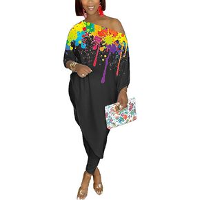 Women's Summer 3/4 Sleeve Splash-ink Irregular Sweatshirt Top Bodycon Long Pants 2 Piece Outfits