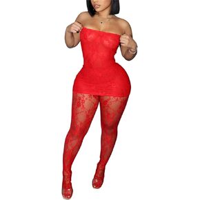 Women Sexy 2 Piece Outfits Date Night Clubwear Strapless Mini Dress Top Lace Stockings Set