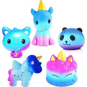 مجموعة ألعاب سكويشيز جالاكسي يونيكورن - قطة سكويشيز مليئة بالنجوم، كعكة يونيكورن، حصان وحيد القرن، أرنب وحيد القرن، ألعاب إسفنجية باندا كاواي بطيئة الارتفاع للأطفال والبالغين لعبة تخفيف التوتر (5 عبوات) in Kuwait