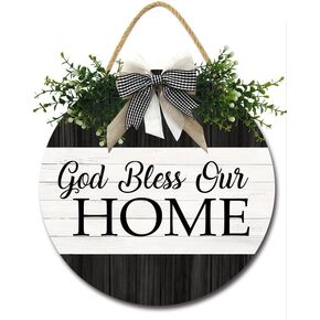God Bless Our Home Sign for Front Door Porch Rustic Welcome Wreaths Sign for Farmhouse Decorations Wood Hanging Sign for Home Decor Outdoor Indoor