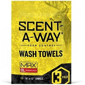 Hunters Specialities Scent-A-Way MAX مناشف غسيل عديمة الرائحة، 12 عبوة من مناديل الاستحمام المرطبة مقاس 10 × 12 بوصة للصيادين والصيادين والصيادين والمعسكرين in Kuwait