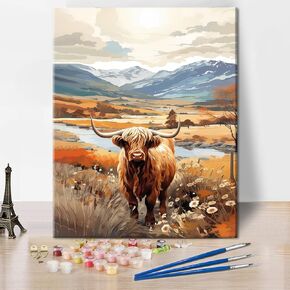 TUMOVO DIY Framed Paint by Numbers for Adults with Brushes Highland Cow Oil Hand Painting Animals Adult Paint by Number Landscape Paint by Number Kits on Canvas Art Crafts 16"x20"
