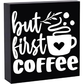 Coffee Bar Decor, But First Coffee Sign, Coffee Bar Sign, Wood Box Sign for Rustic Farmhouse Kitchen Tiered Tray Decor, Coffee Bar Accessories Coffee Station Decor