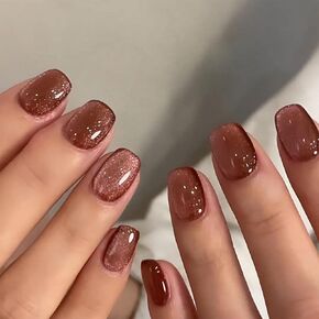 Cat Eye Press on Nails Short Square Pink Fake Nails Acrylic Glue on Nails with Silver Glitter Designs Nails Press ons for Women Daily Wear 24 Pcs