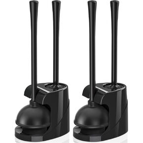 Toilet Plunger and Brush, Bowl Brush and Heavy Duty Toilet Plunger Set with Ventilated Holder, 2-in-1 Bathroom Cleaning Combo with Modern Caddy Stand (Black, 2 Set)