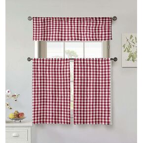 Umid Plaid Gingham Checkered Kitchen Tier & Valance Set | Small Window Curtain for Cafe, Bath, Laundry, Bedroom, Garnet