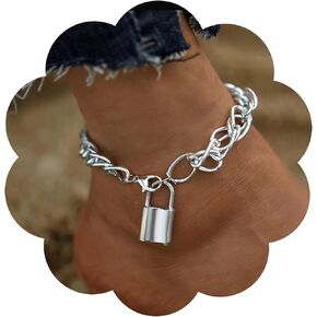 Boho Lock Anklet Silver Ankle Bracelets Chunky Paper Clip Chain Anklets Punk Foot Chain Beach Foot Anklets Accessories Jewelry for Women and Girls Gifts