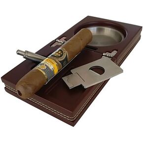 H&H صينية الرماد المدمجة مع القاطع واللكمة - 4.75 بوصة × 4.75 بوصة × 2.8 بوصة (جوز مع جلد)