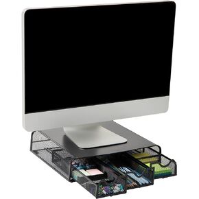 Mind Reader Monitor Stand, Ventilated Laptop Riser, Desktop Organizer, Storage, Metal Mesh, 13.25"L x 12.5"W x 3"H, Black