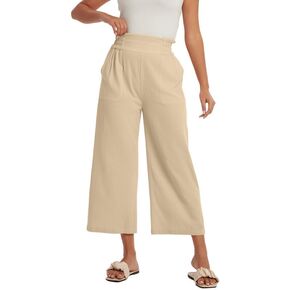 Les umes Womens Cropped Pants Cotton High Waist Wide Leg Capris Casual Summer Loose Pants Trousers