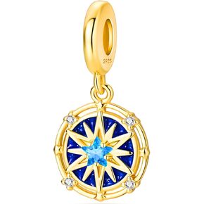 925 Sterling Silver Charms Beads for Bracelets & Necklaces, Blue Gold Star Astrolabe Compass Charm Retro Birthday Gifts Pendant Jewelry for Women Men Teens