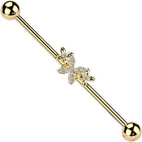 Pierced Owl 14GA 316L Stainless Steel Triple Butterfly with CZ Crystals Industrial Barbell
