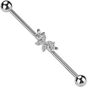 Pierced Owl 14GA 316L Stainless Steel Triple Butterfly with CZ Crystals Industrial Barbell