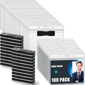 100 Pack Magnetic Name Badge Holders Kit 4.5" x 3.9", Clear PVC Horizontal Card Tag Waterproof Name Badge Bank ID Card Protector for Conventions Exhibitors Events Immunization Record