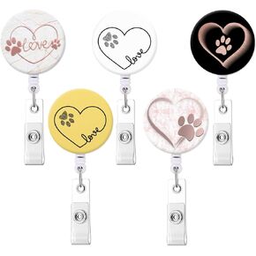 Badge Holder Retractable ID Badge Reel with Alligator Clip (Special Heart Dog Paw Print 5Pack)