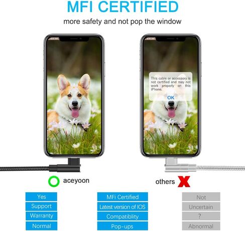 aceyoon 2 حزمة شاحن لايتنينج معتمد من MFi، كابل إضاءة بزاوية يمنى 1 قدم مضفر مزدوج على شكل حرف L شاحن iPad شاحن سريع كابل USB متوافق مع iPhone 11/11 Pro/XS Max/XR/X/8/7/6، iPad in Kuwait