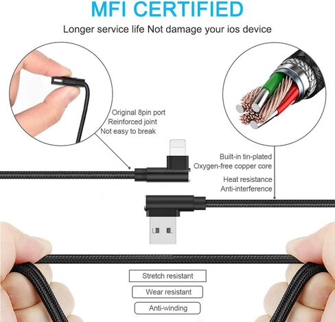 aceyoon 2 حزمة شاحن لايتنينج معتمد من MFi، كابل إضاءة بزاوية يمنى 1 قدم مضفر مزدوج على شكل حرف L شاحن iPad شاحن سريع كابل USB متوافق مع iPhone 11/11 Pro/XS Max/XR/X/8/7/6، iPad in Kuwait