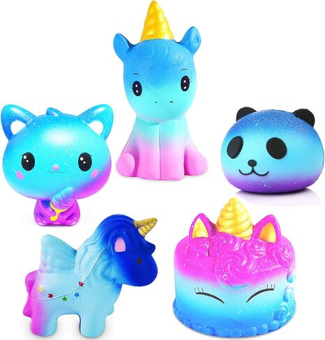مجموعة ألعاب سكويشيز جالاكسي يونيكورن - قطة سكويشيز مليئة بالنجوم، كعكة يونيكورن، حصان وحيد القرن، أرنب وحيد القرن، ألعاب إسفنجية باندا كاواي بطيئة الارتفاع للأطفال والبالغين لعبة تخفيف التوتر (5 عبوات) in Kuwait