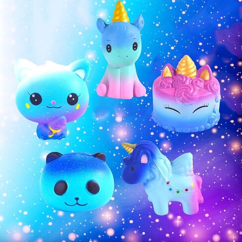 مجموعة ألعاب سكويشيز جالاكسي يونيكورن - قطة سكويشيز مليئة بالنجوم، كعكة يونيكورن، حصان وحيد القرن، أرنب وحيد القرن، ألعاب إسفنجية باندا كاواي بطيئة الارتفاع للأطفال والبالغين لعبة تخفيف التوتر (5 عبوات) in Kuwait