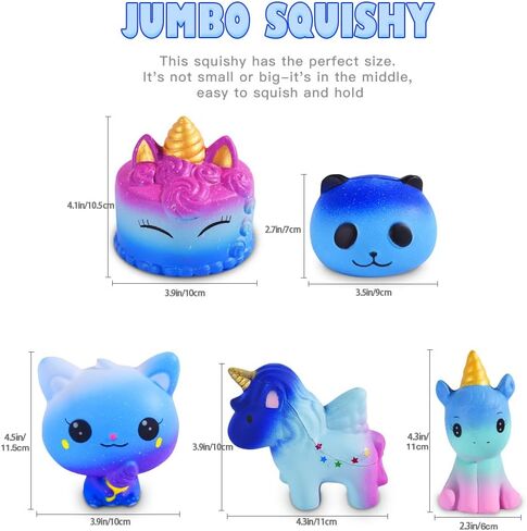 مجموعة ألعاب سكويشيز جالاكسي يونيكورن - قطة سكويشيز مليئة بالنجوم، كعكة يونيكورن، حصان وحيد القرن، أرنب وحيد القرن، ألعاب إسفنجية باندا كاواي بطيئة الارتفاع للأطفال والبالغين لعبة تخفيف التوتر (5 عبوات) in Kuwait