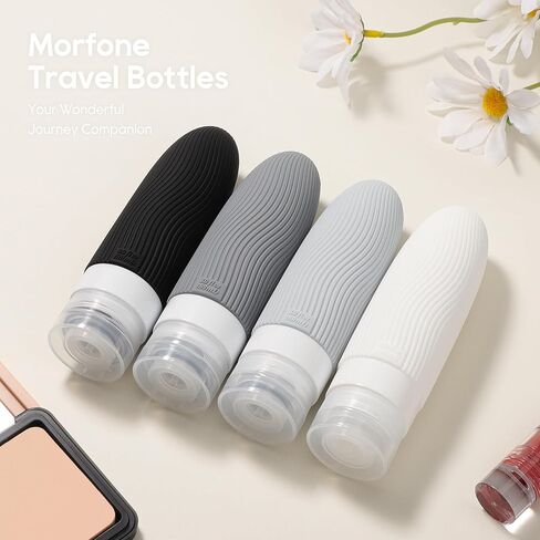 Morfone Silicone Travel Bottles for Toiletries, TSA Approved Travel Size Containers 3oz, Leakproof BPA Free Refillable Travel Accessories Kits for Shampoo Conditioner Lotion Liquids, Black and White in Kuwait