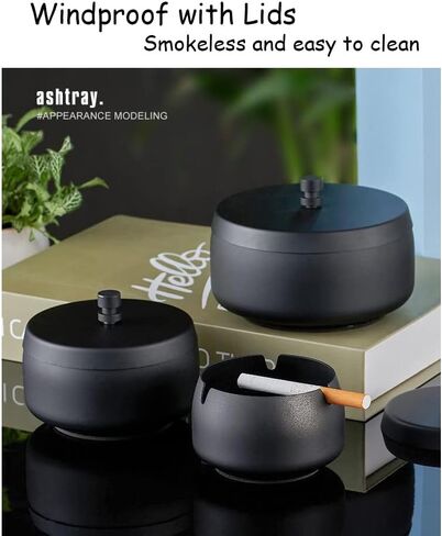 Handcrafted Metal Ashtray with Lids, Windproof Cigarette Ashtray Smokeless for Indoor or Outdoor, Ash Holder for Patio Desktop Office Smokers, Ash Tray for Tabletop Home Office Décor (Black, XL) in Saudi Arabia