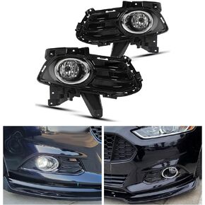 HECASA Bumper Fog Light w/Bulbs & Bezel Brackets Compatible With 2013-2016 Ford Fusion Black Front Fog Lights & Surrounds & Brackets