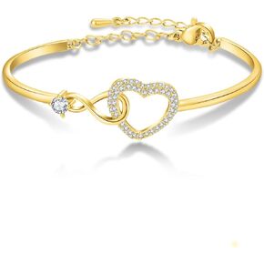 Infinity Heart Bracelets for Girls AAA Cubic Zirconia Love Heart Link Adjustable Bracelets Hypoallergenic White/Yellow Gold & Rhodium for Teenagers Jewelry
