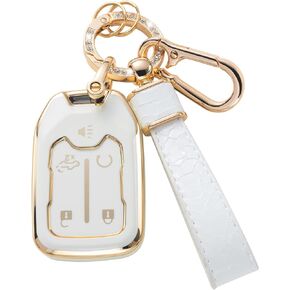 متوافق مع غطاء GMC Key Fob مع حبل جلدي، غطاء حماية لمفتاح السيارة لعام 2019-2022 GMC Sierra 1500 2500HD 3500HD Terrain Acadia جهاز التحكم عن بعد الذكي، أبيض