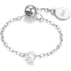 Crystal Chain 925 Sterling Silver Promise Engagement Ring for Women Girls Adjustable Cute Diamond Charms Drop Statement Expandable Finger Rings Comfort Fit Fashion Wedding Party Jewelry