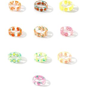 10Pcs Colored Resin Ring Sets Pitaya Strawberry Apple Watermelon Lemon Kiwi Grape Fruit Ring Cute Acrylic Food Ring Chunky Plastic Ring for Woman Girl