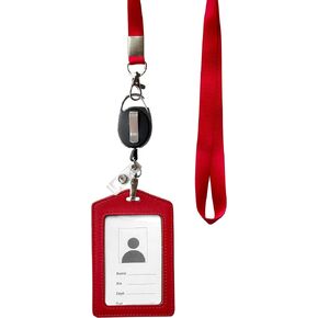ID Card Case + Heavy Duty Lanyard (Red)+ Badge Holder Retractable Reel Carabiner and Plastic Clip (Soft Genuine Leather Case)