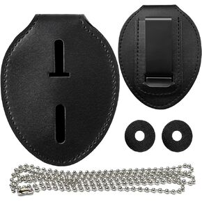 Police Badge Holder, Made of Cowhide, Universal, Black, Law Enforcement Badge Holder, Metal Clip and Chain Included