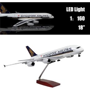 18" 1:160 Airplane Model Singapore Airbus 380 Model Plane with LED Light(Touch or Sound Control) for Decoration or Gift
