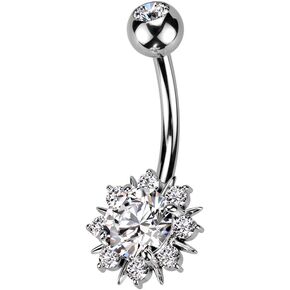 Pierced Owl 14GA 316L Stainless Steel Round CZ Crystal Sunburst Belly Button Ring