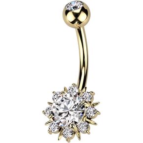 Pierced Owl 14GA 316L Stainless Steel Round CZ Crystal Sunburst Belly Button Ring