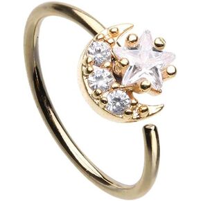 Pierced Owl 20GA Gold Plated Stainless Steel CZ Crystal Moon and Star Bendable Nose Ring