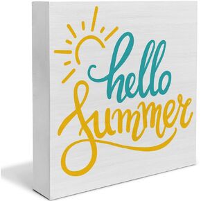 Country Hello Summer Sun Wood Box Sign Decor Desk Sign Summer Quote Sun Wooden Box Block Sign Rustic Home Office Shelf Wall Decoration