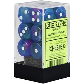Chessex 27746 Festive 16mm d6 Waterlily with White Dice Block, 12 Dice