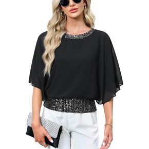 For G and PL Women's Summer Chiffon Shirt Sparkle Sequin Crewneck 3/4 Sleeve Dolman Top Blouses