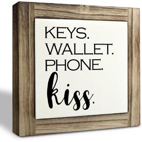 Inspirational Wood Signs, Box Wood Plaques Desk Décor, Decorative Plaques for Front Door Porch, Freestanding Entry Cabinet Decor, Entryway Decor for Shelf, Rustic Home Decor, Keys Wallet Phone Kiss