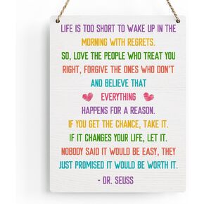Motivational Wall Art Life Is Too Short To Wake Up With Regrets Quote Wall Decor Inspirational Gifts Dr Seuss Decorations Wood Hanging Sign for Office Classroom Nursery Bedroom Wall Decor 8x10 Inches