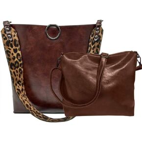 Women 2Pcs Leopard Print Shoulder Bag Set Satchel Totes Handbag Purse