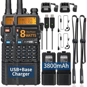 BAOFENG Radio UV-5R 8W Ham Radio Long Range UV5R Dual Band Handheld High Power 3800mAh Rechargeable Walkie Talkies Handheld Two Way Radio with Programming Cable and Earpiece For Survival Gear,2Pack