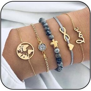 FUTIMELY Boho مجموعة أساور مطرزة بطبقات للنساء والفتيات قابلة للتعديل مقاومة للماء مصنوعة يدويًا مع خريطة الحب السلحفاة والأناناس سوار Y2K مجوهرات الشاطئ الجمالية