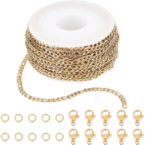 SUNNYCLUE DIY 10M 32.8 Feet 3MM Gold Chain Roll Figaro Chains Stainless Steel Cable Chain Necklace Chains with Jump Rings Lobster Clasps for Women Adults Jewelry Making Kits Necklaces Bracelets Craft