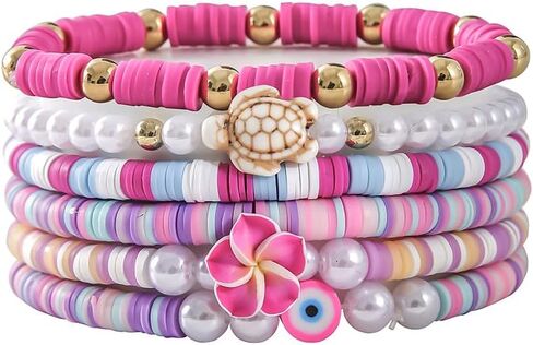 Bohemia Surfer Heishi Bead Bracelets Set Y2k Star Flower Charms Pearl Bracelets Sea Turtle Evil Eye Colorful Clay Beaded Stretch Bracelet for Women Girls Summer Beach Jewelry Gifts in Saudi Arabia