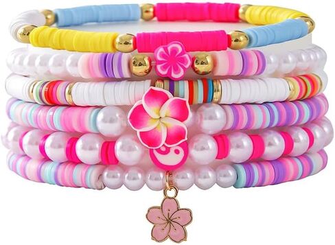 Bohemia Surfer Heishi Bead Bracelets Set Y2k Star Flower Charms Pearl Bracelets Sea Turtle Evil Eye Colorful Clay Beaded Stretch Bracelet for Women Girls Summer Beach Jewelry Gifts in Saudi Arabia