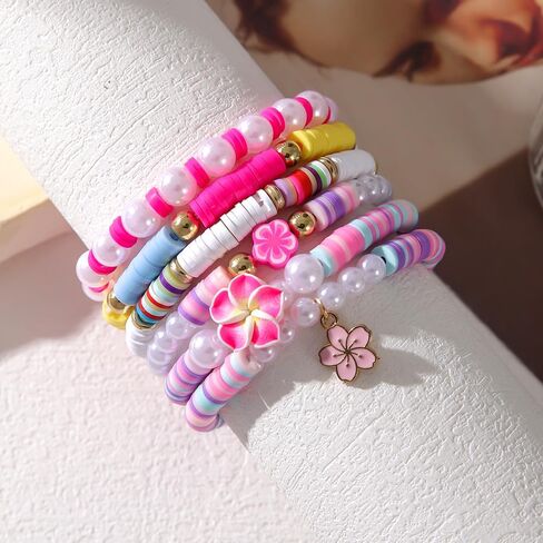 Bohemia Surfer Heishi Bead Bracelets Set Y2k Star Flower Charms Pearl Bracelets Sea Turtle Evil Eye Colorful Clay Beaded Stretch Bracelet for Women Girls Summer Beach Jewelry Gifts in Saudi Arabia