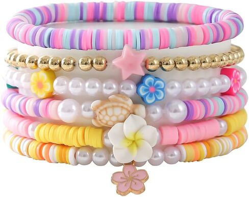 Bohemia Surfer Heishi Bead Bracelets Set Y2k Star Flower Charms Pearl Bracelets Sea Turtle Evil Eye Colorful Clay Beaded Stretch Bracelet for Women Girls Summer Beach Jewelry Gifts in Saudi Arabia